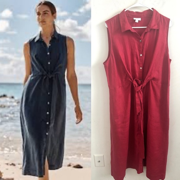 J. Jill Dresses & Skirts - J. Jill Love Linen Midi Dress Sz L Burgundy Tie Front Button Up Sleeveless Beach